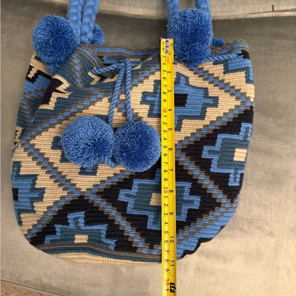 Blue Geometric Woven Shoulder Bag with Pom-Pom Accents - Picture 9 of 9